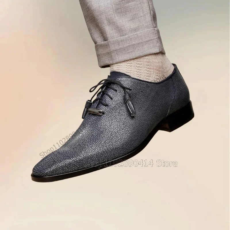 Gray Lychee Print Tassels Metal Decor Men Shoes Fashion Lace Up Male Shoes Luxury Handmade Party Feast Banquet Men Dress Shoes