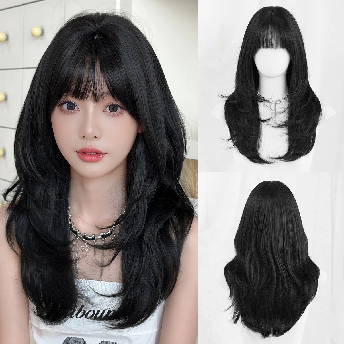 7JHH WIGS Lange, gerade, geschichtete schwarze Perücke für Damen, synthetische, hitzebeständige, modische Perücken zum sofortigen Tragen mit ordentlichem Pony