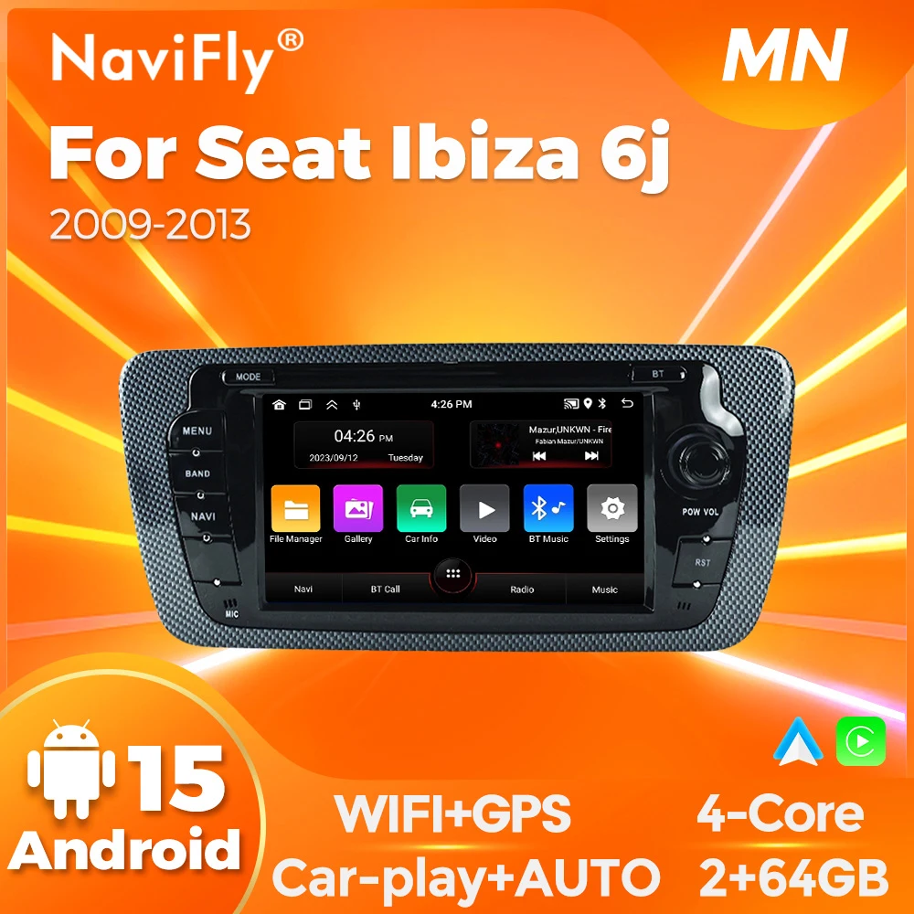 

Автомагнитола NAVIFLY 64 ГБ Android 15 с беспроводным CarPlay и Auto для Seat Ibiza MK4 6J 2008-2013, мультимедийный плеер, GPS-навигация, RDS, Bluetooth