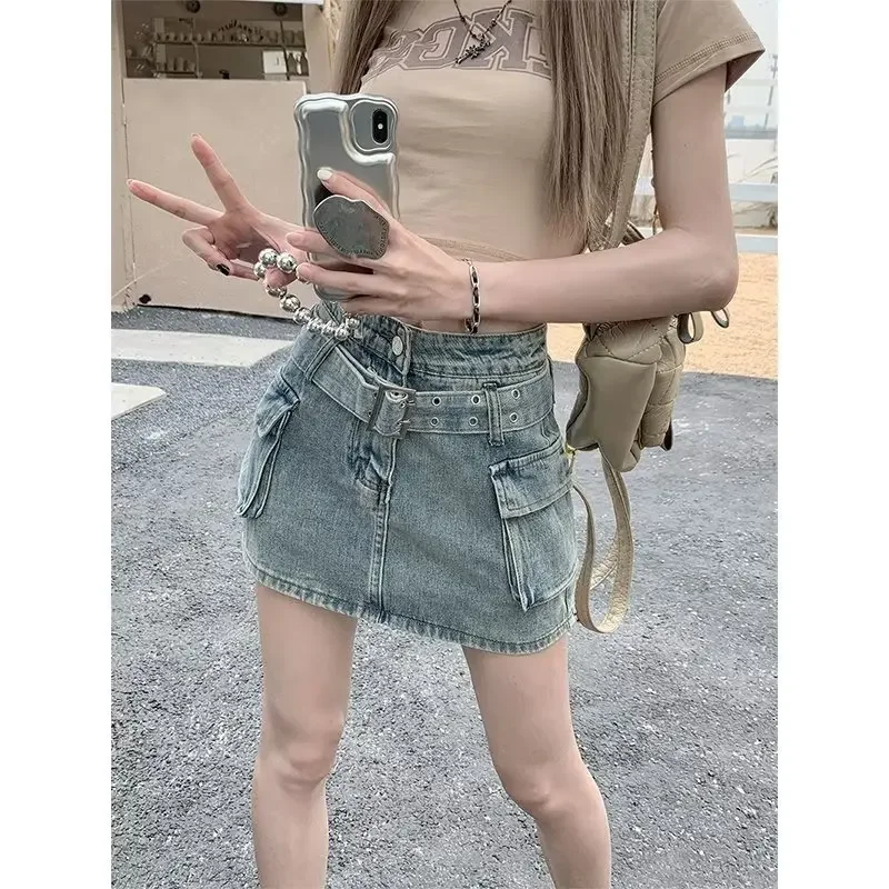 Washed Pocket Cargo Denim Skirt Women Vintage Fashion Casual Package Summer Streetwear High Waist Hip Hop A-Line Y2k Skirt