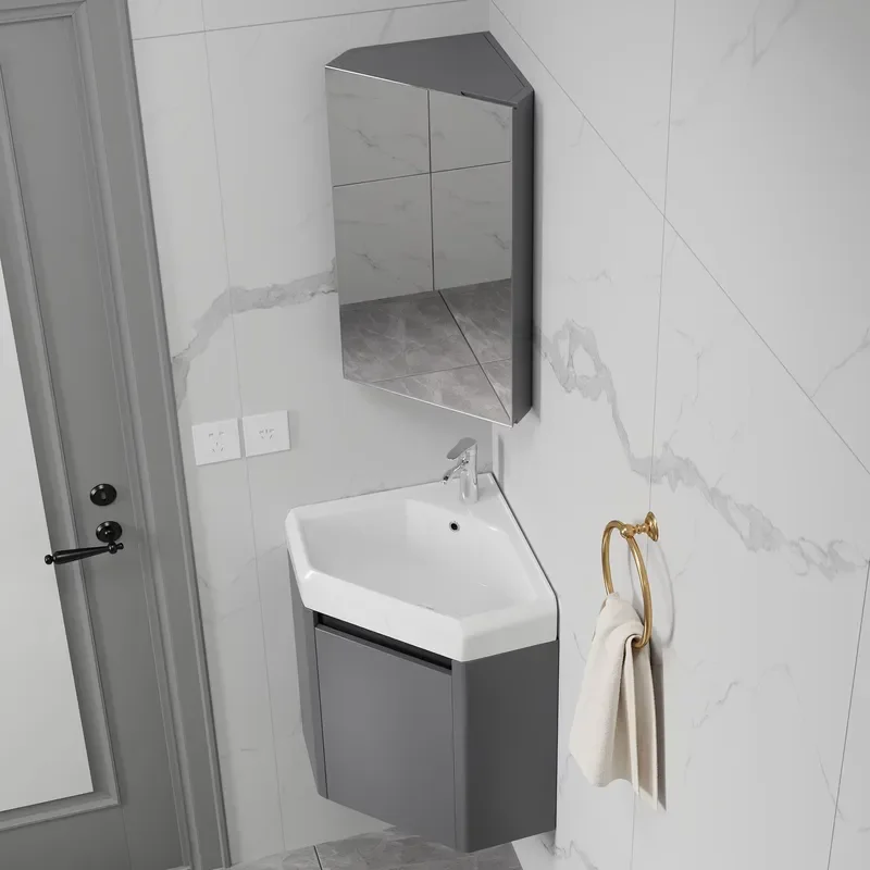 Small Wooden Wall Mounted Triangular Corner Bathroom Cabinet With Wash Basin Floating Sink Storage Set For Modern Home Decor