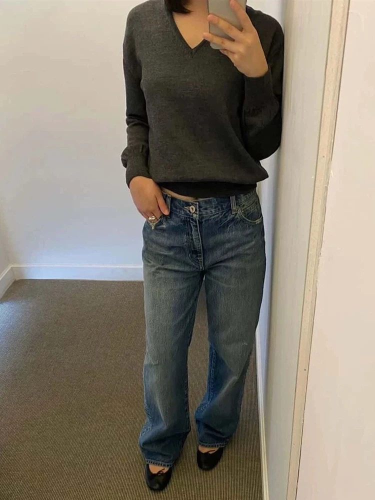 Leichte Wa-Jeans mit lockerem, geradem Bein für Damen, Vintage-Stil, hohe Taille, Baumwollmischung, bequem, atmungsaktiv, für den Pendelverkehr