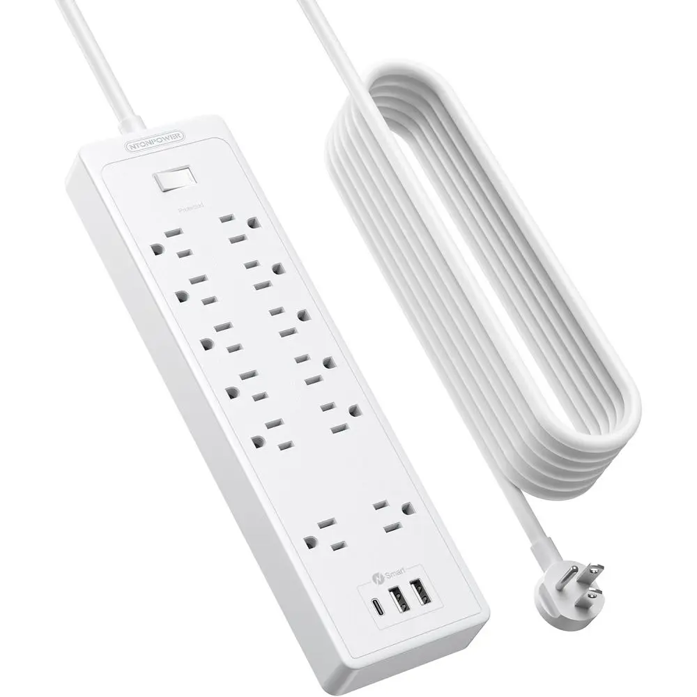 

12-Outlet Power Strip with 3 USB Ports, 2100 Joules Surge Protection, 1875W/15A, Overload Guard, Wall-Mountable, White