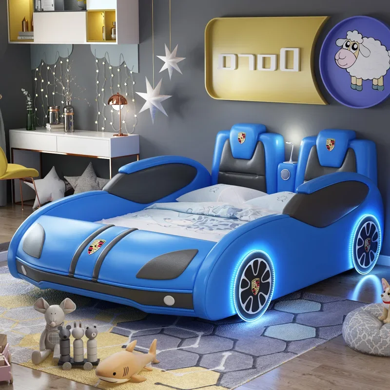 Children's furniture Boys car bed Blue creative solid wood bed Single bed Racing double