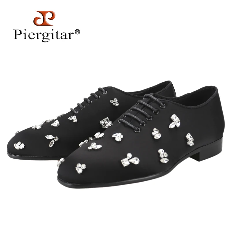 Piergitar New Black Silk With Handmade Crystals Buckles Men's Dress Shoes Italian Brand Same Lace-Up Red Sole Shoes For Concert