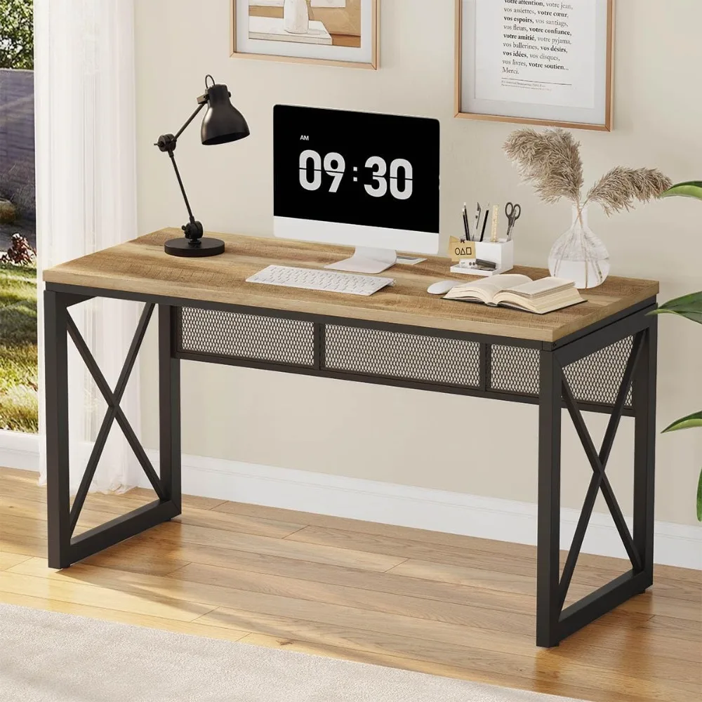 

BON AUGURE Farmhouse Computer Desk, Modern Industrial Home Office Desks, Wood Metal Study Writing Table, Sturdy Gaming