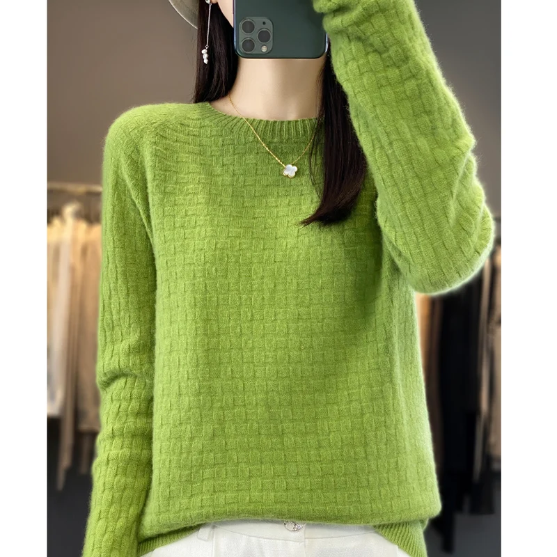 2023 autumn and winter new ladies 100% pure wool solid color long sleeve O-neck warm fashion knitted sweater