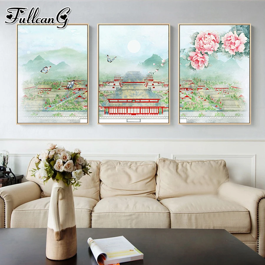 Chinese abstract ancient palace landscape diamond painting triptych diy full mosaic embroidery sale picture home decor AA3433