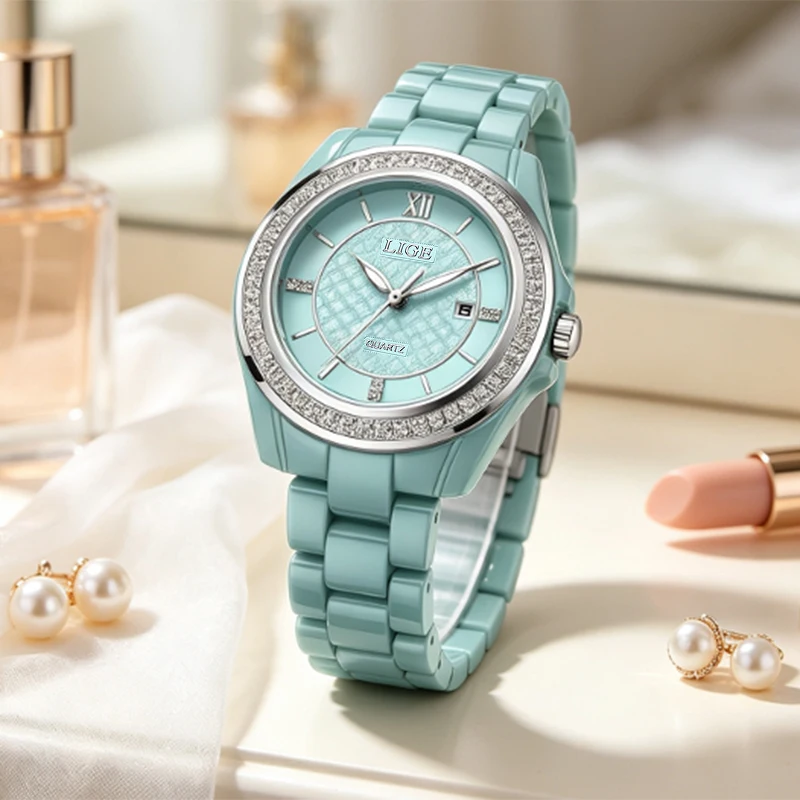 LIGE Elegant Classic Woman Watch Diamond Dial Fashion Casual Auto Date Luxury Waterproof Ladies Gift Quartz Wristwatch for Women