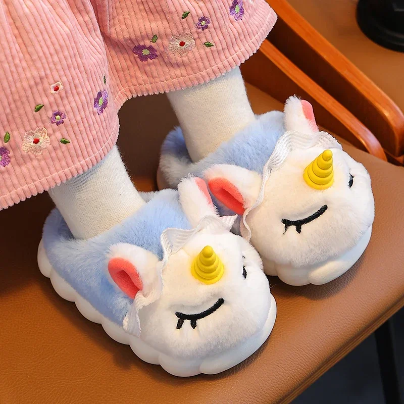 New Winter Kids Cotton Slippers Cartoon Unicorn Children\'s Indoor Slides Non-Slip Platform Girls And Boys Warm Plush House Shoes