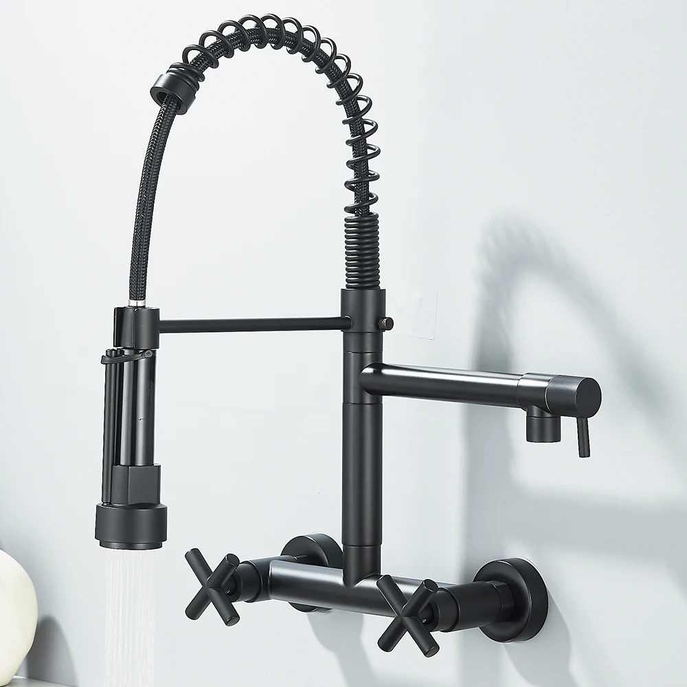 Uittrekbare keukenkraan Wandmontage Lente Warm Koud Water Dubbele uitloop Keukenkraan 20 cm afstand voor twee gaten