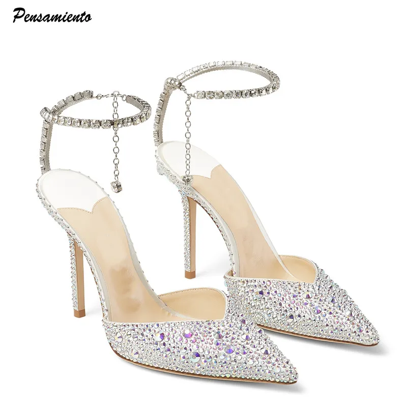 Zapatos de tacón alto de aguja elegantes con correa en el tobillo y lentejuelas con diamantes de imitación de lujo para mujer, zapatos de fiesta de boda de cristal a la moda para primavera y verano