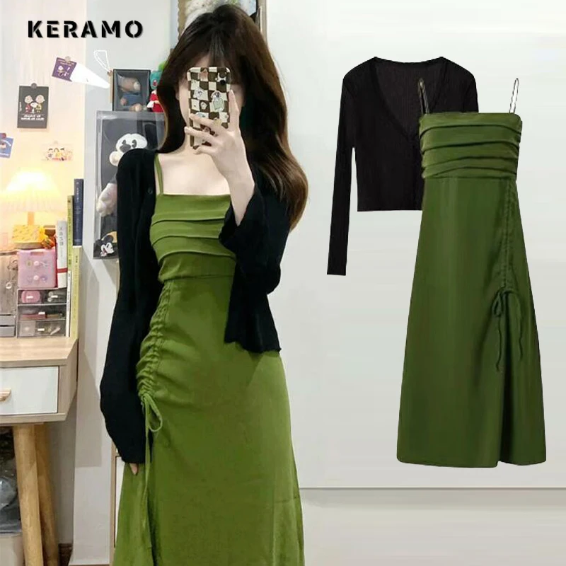 

Vintage Sweet Solid Color Long Sleeve Slim Fit Midi Dresses 2024 Spring Women Elegant Casual Sleeveless Thin Green Lace-up Dress