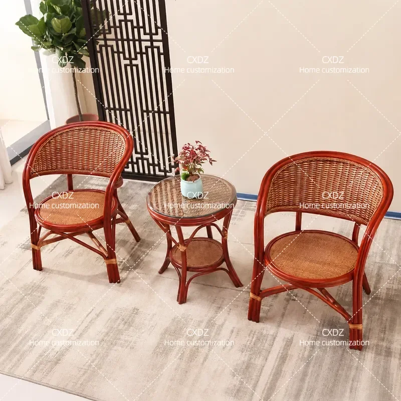 Real Rattan Chair 3 Piece Set Balcony Leisure Combo with Tea Table and Stool Household Backrest Chair for Elderly Foshan