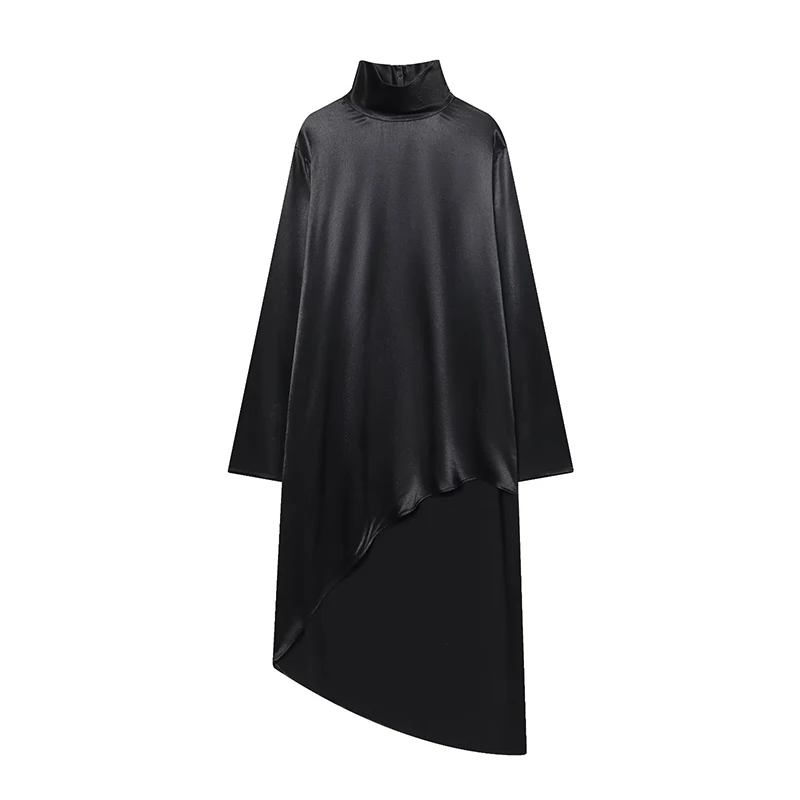 

Asymmetry Black Satin Elegant Long Blouse Woman 2025 Women's Irregular Loose Stand Neck Long Sleeve Shirts And Blouses Top ﻿