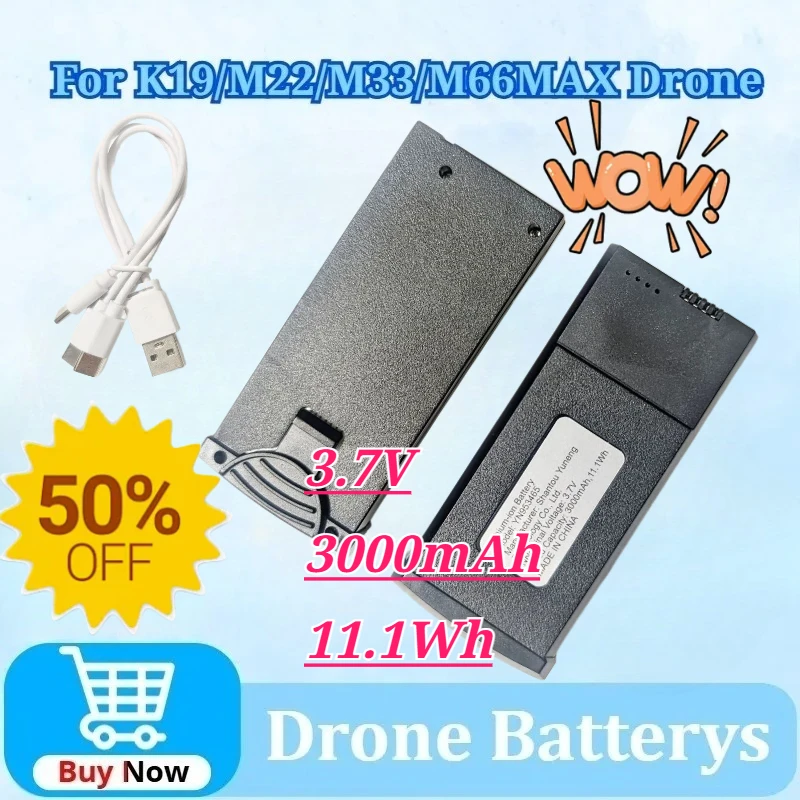 

For M33 M66MAX K19 M22 Drone 3.7V 3000mAh 11.1Wh High Capacity Lithium Battery Charging Cable Accessories Reliable Power