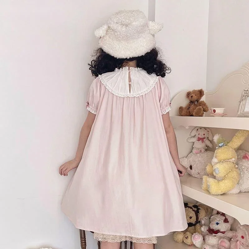 Japanese Kawaii Lolita Princess Dress Girls Sweet Cute Bow Puff Sleeve Bunny Embroidery Nightdress Victorian Vintage Mini Dress