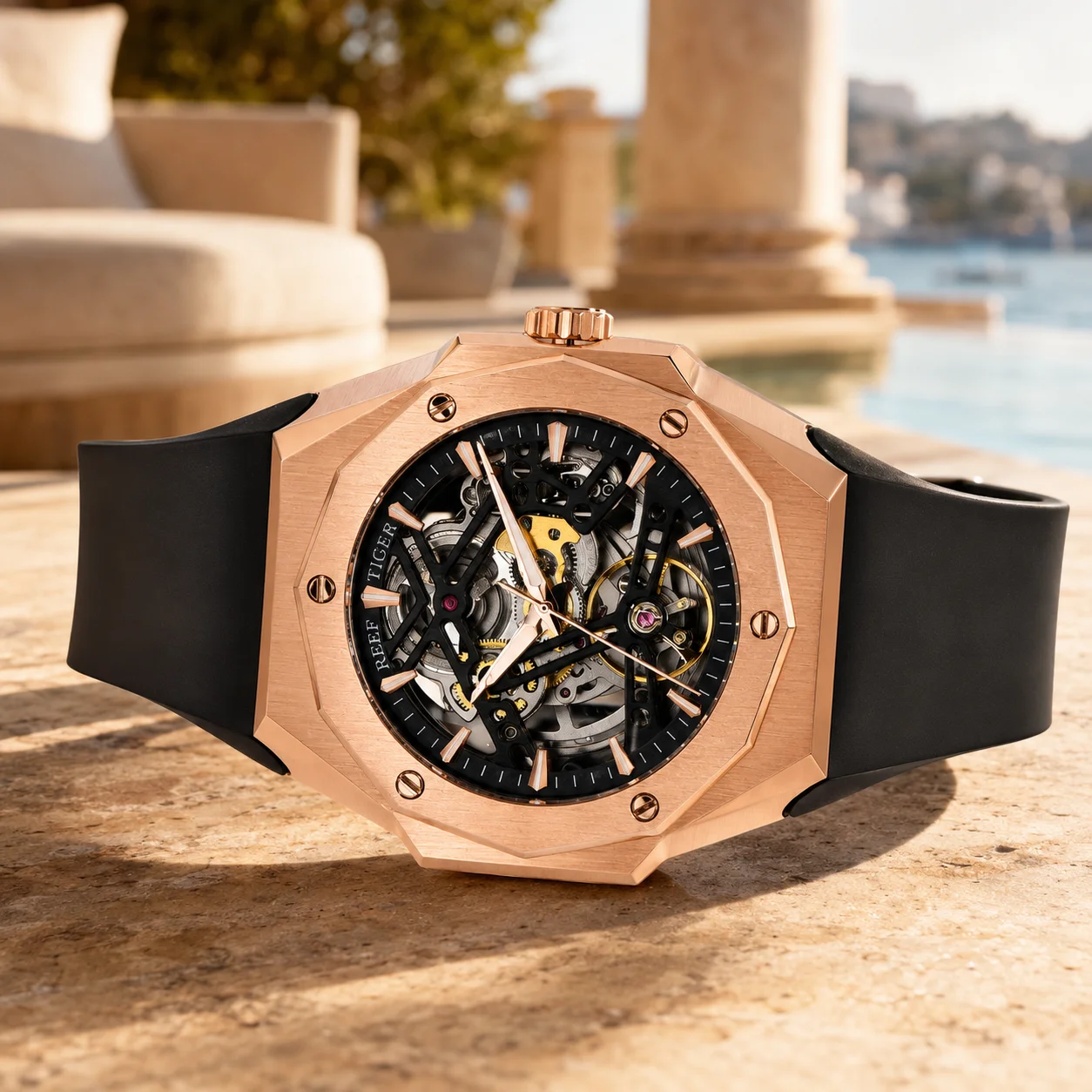 Reef Tiger RT Big Sport Watch for Men Rose Gold Case Automatic Mechanical Dial 50m Waterproof RGA6919