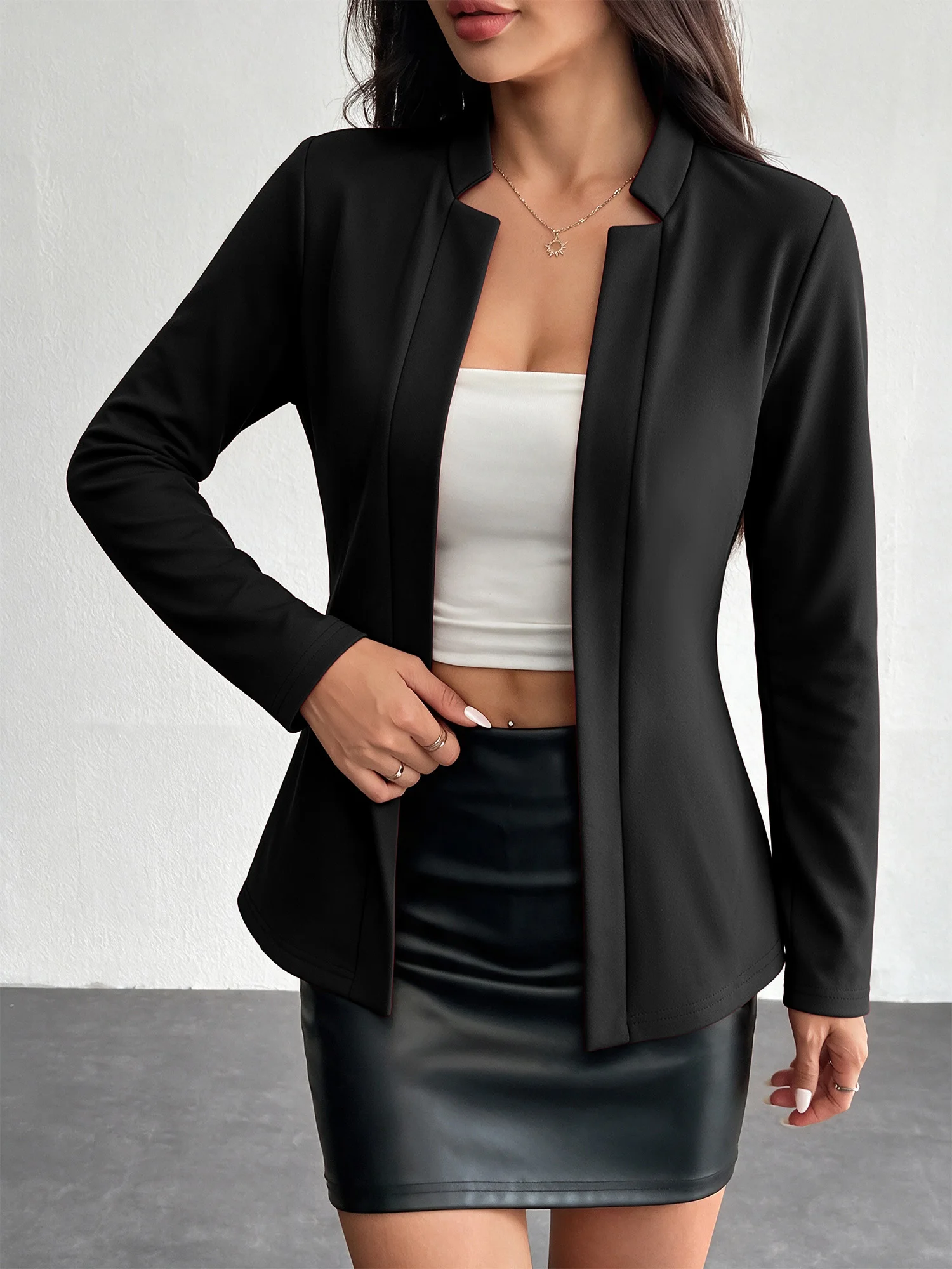 Solid Color Long Sleeve Open Blazer Women Formal Business Mandarin Collar Suit Coat Slim Fit Jacket For Work And Leisure