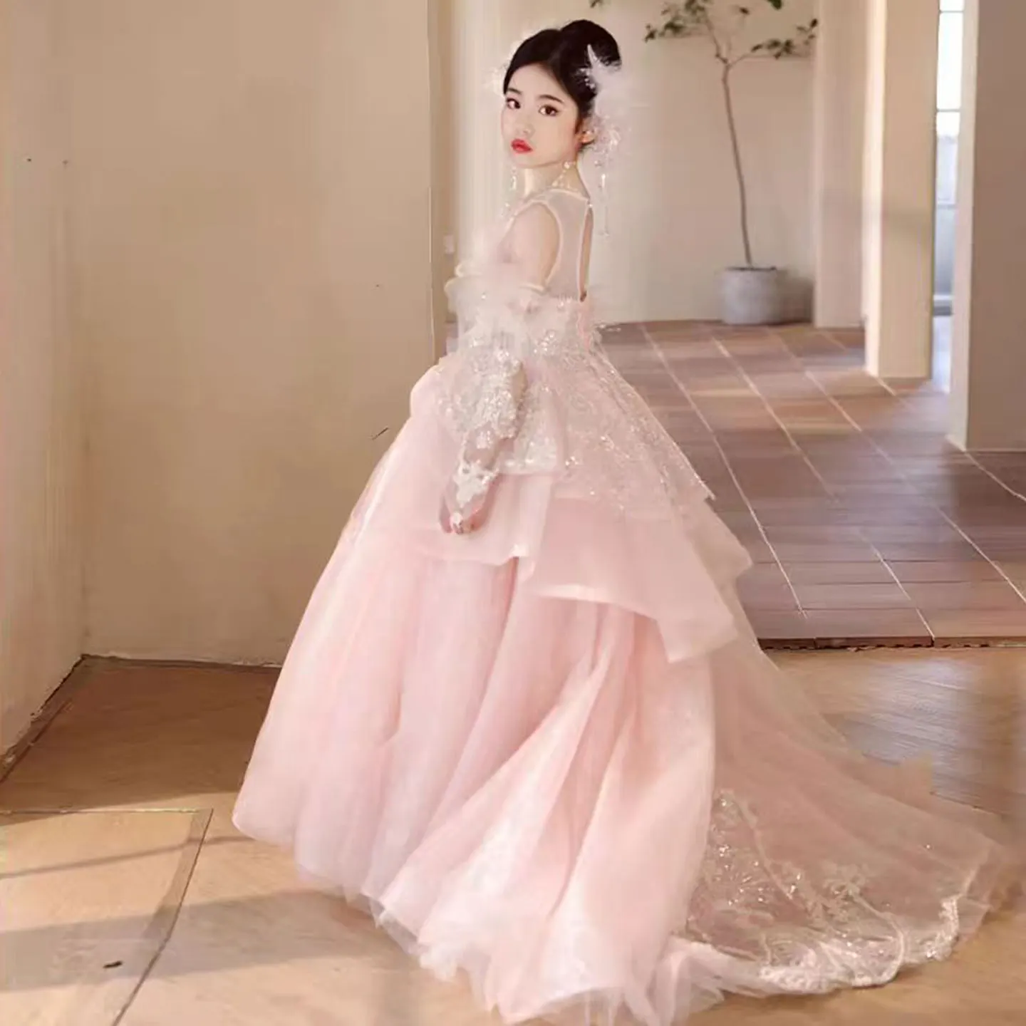 Jill Wish Luxury Pink Beaded Girl Dress Court Train with Sleeve Arab Kids Princess Wedding Birthday Party Holiday Gown J316