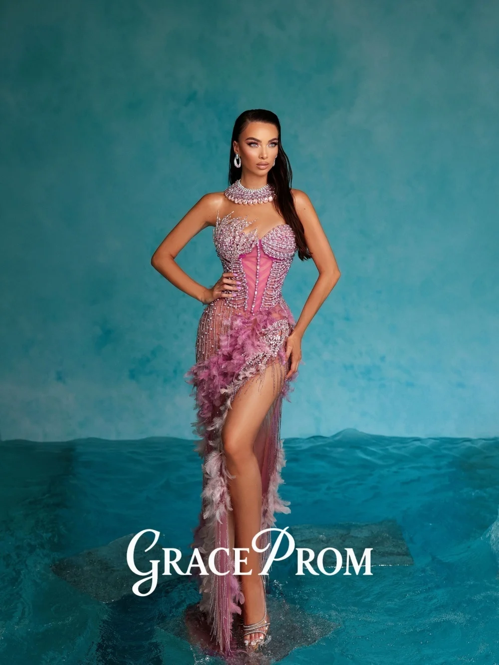 레이스프롬 화려한 핑크빛 이브닝 드레스 2026 라인스톤 장식 카펫 가운 섹시한 A라인 플로어 길이 파티 가운