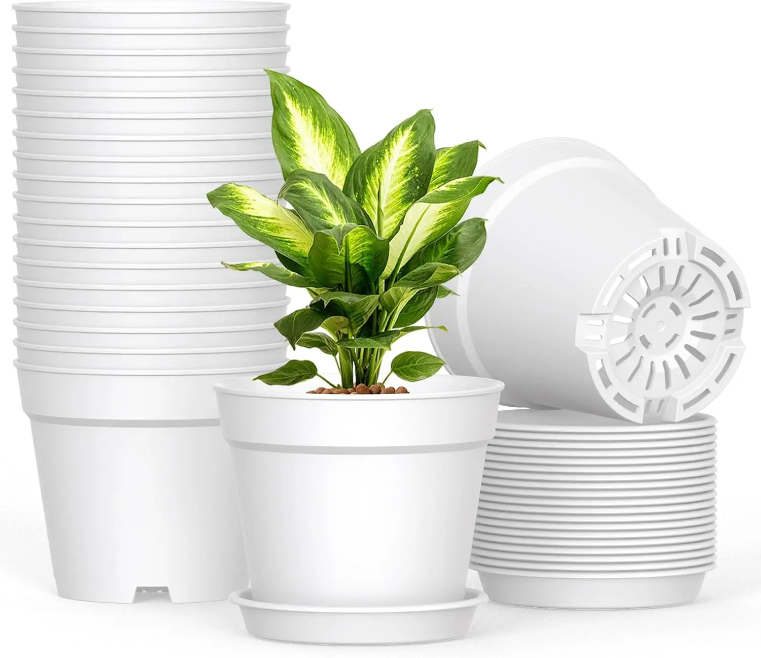 

20 Pack 6 Inch Plant Pots with Drainage and Saucers, White Plastic Flower Pots for Indoor and Outdoor Plants, Stackable