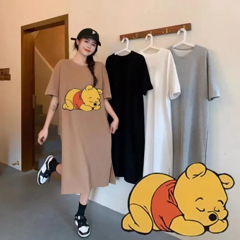 Miniso The Pooh Bear T-shirts Dress Winnie 40-90kg Summer Women Lone Style Gray Colour Fat Large Size Short Sleeved Loose Skirts