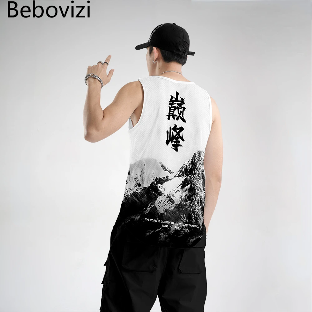 Streetwear White Sleeveless Tank Top Snow Mountain Peaks Print Summer Beach Vest Men's Mesh Top Bodybuilding Gym Muscle Fitness
