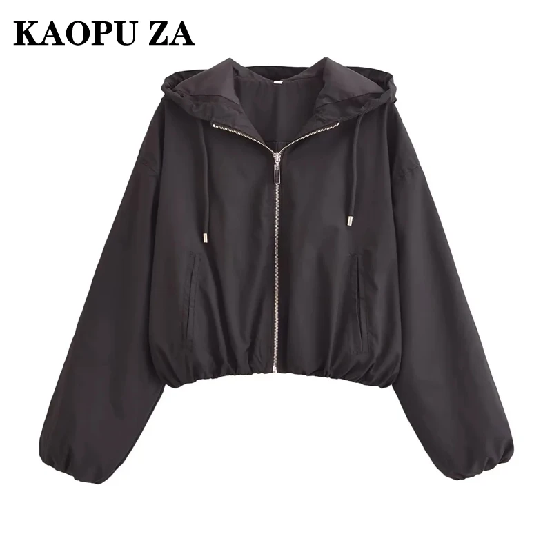 

KAOPU ZA 2024 Women's Retro Long Sleeve Hooded Jacket with Zipper Pockets and Elastic Hem for Versatile Outerwear