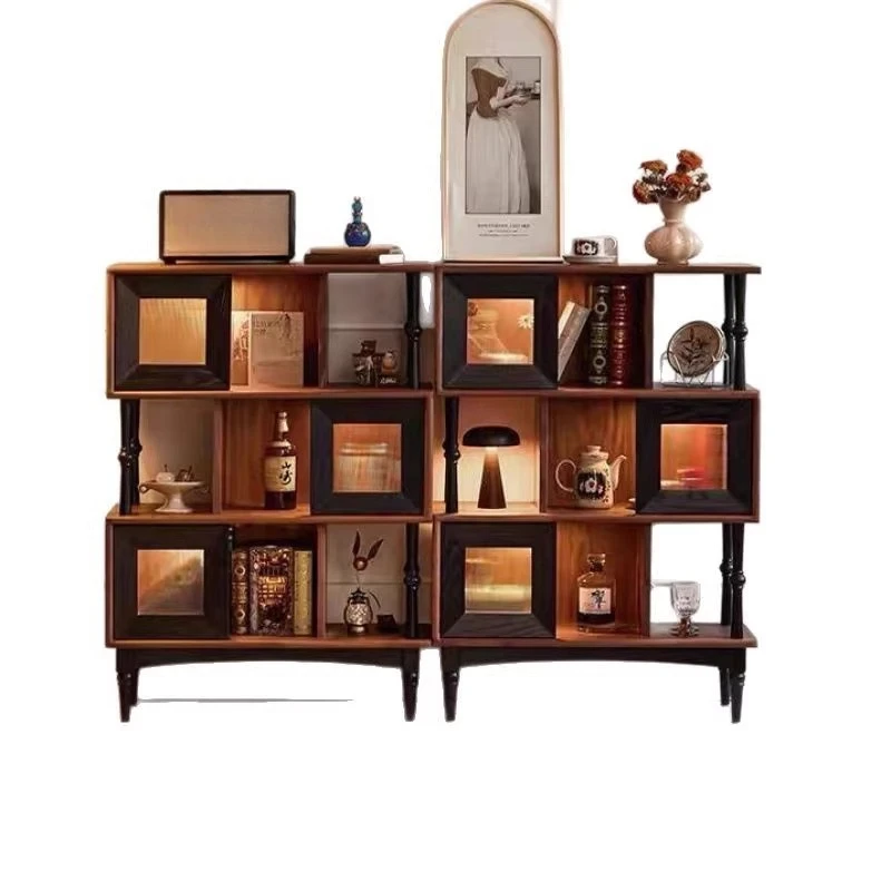 French retro solid wood bookcase, American medieval creative study integrated wall display cabinet