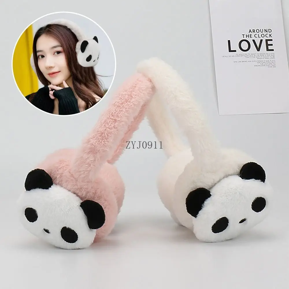 Penutup Telinga Mewah Panda Lucu Musim Dingin Penutup Telinga Hangat Berbulu Penghangat Telinga Kasual Dapat Disesuaikan untuk Pria Wanita