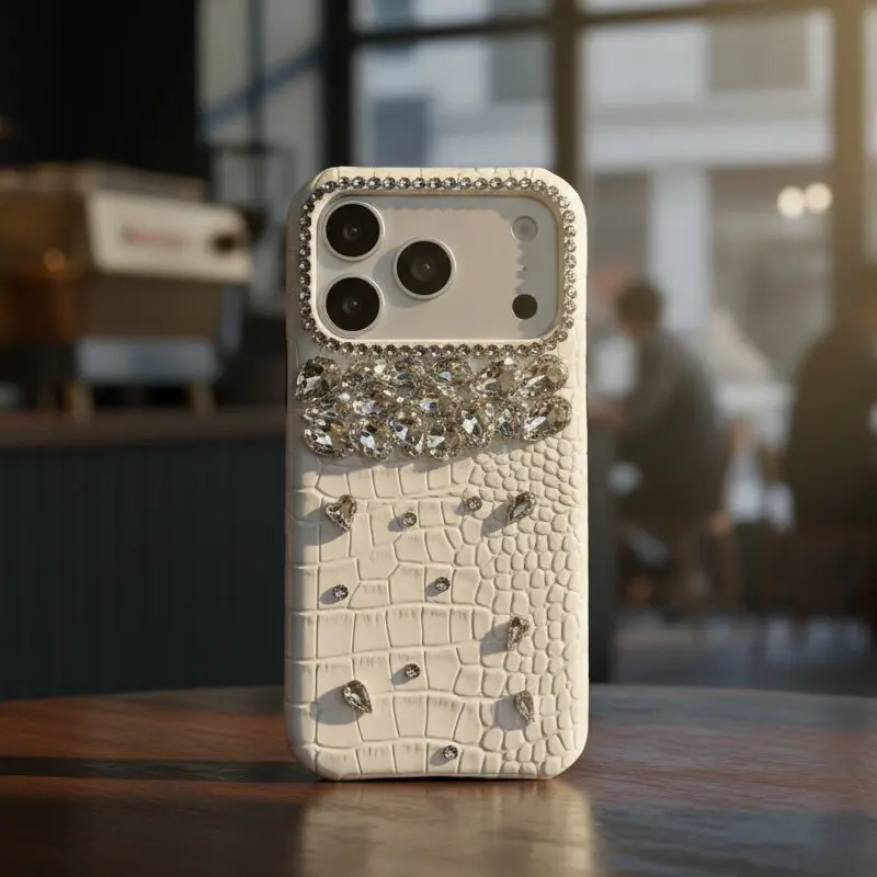 Luxury Diamond Phone Case For iPhone 17 Pro Max 14 13 12 11Pro Jewelle Crocodile Grain  Hard Leather Back Cover