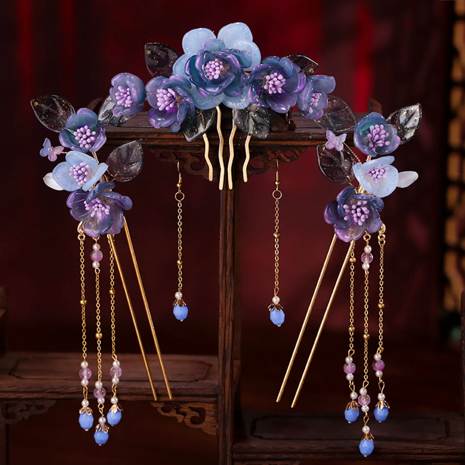 Chinesische Hanfu Haar Stick Haarnadel Ohrringe Haar Zubehör Set Lange Fransen Vintage Haarnadel Blume Handgemachte Hochzeit Haar Schmuck