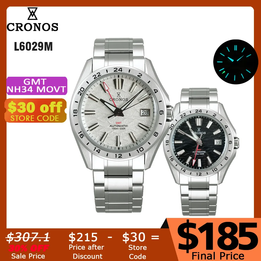 

Cronos GS Mechanical Men Watch 39mm GMT NH34 Automatic Bubble Sapphire Glass Brushed Bracelet 10ATM L6029M