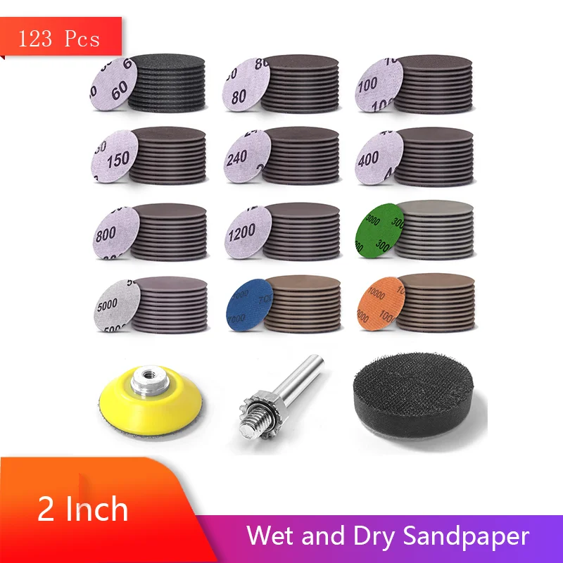 Wet and Dry Sandpaper 2 Inch 123 Pcs Assorted 60-10000 Grits with Backer Plate and Foam Buffering Pad for Polishing Wood Metal