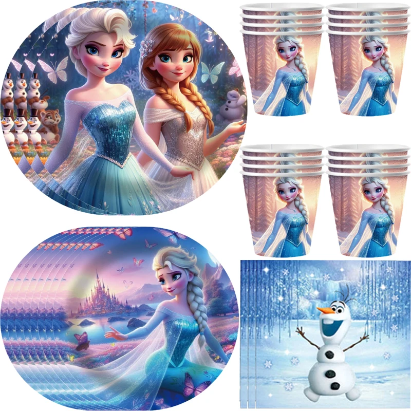 

Disney Frozen Birthday Party Decorations Princess Anna Elsa Theme Plate Cup Set Disposable Tableware