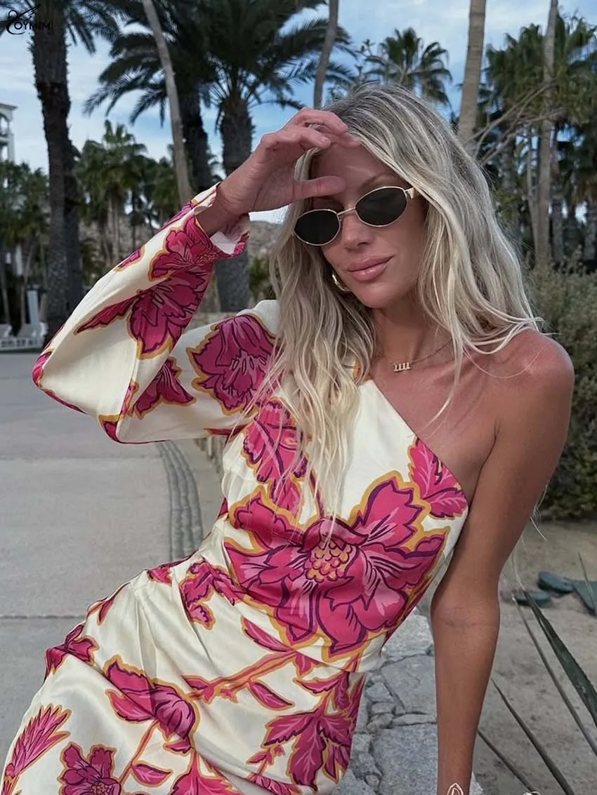 Oymimi Fashion Pink Print Women's Dress Casual Satin Skew Collar One-Shoulder Long Sleeve Dresses Autumn Straight Slim Dresses