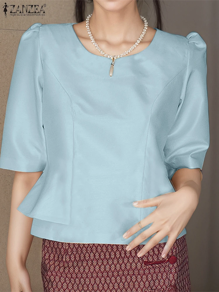 

ZANZEA Elegant Women Satin Blouse 2025 Summer Shirts Fashion Half Sleeve Solid Color Waisted Tunic Tops Casual Ruffled Blusas