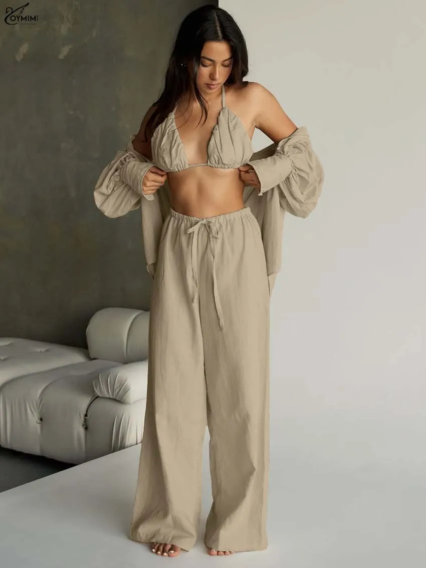 

Oymimi Fashion Khaki 3 Pieces Set For Woman Elegant Long Sleeve Button Shirts And Simple Bra + Drawstring Straight Trousers Sets