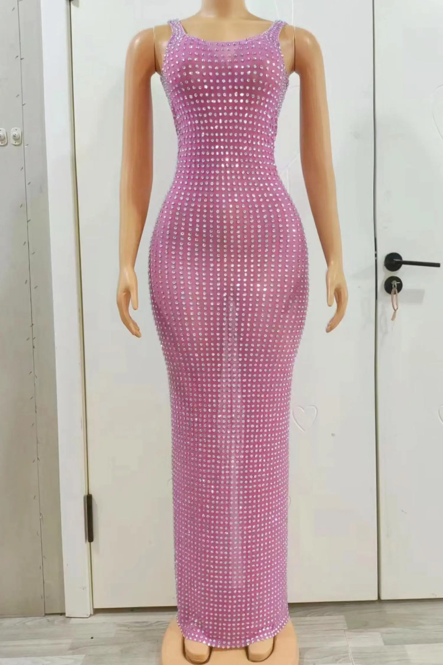 Bnazuandiaodai Full Shiny Diamonds Rhinestone Mesh Bodycon Maxi Dress Sleeveless Sheer Club Cocktail Evening Party Long Gown - view 5