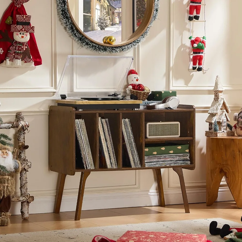 

Mid Century Record Player Stand with Storage Shelf for 220 Vinyl Albums Turntable Table with Cabinet Beech Wood Legs for