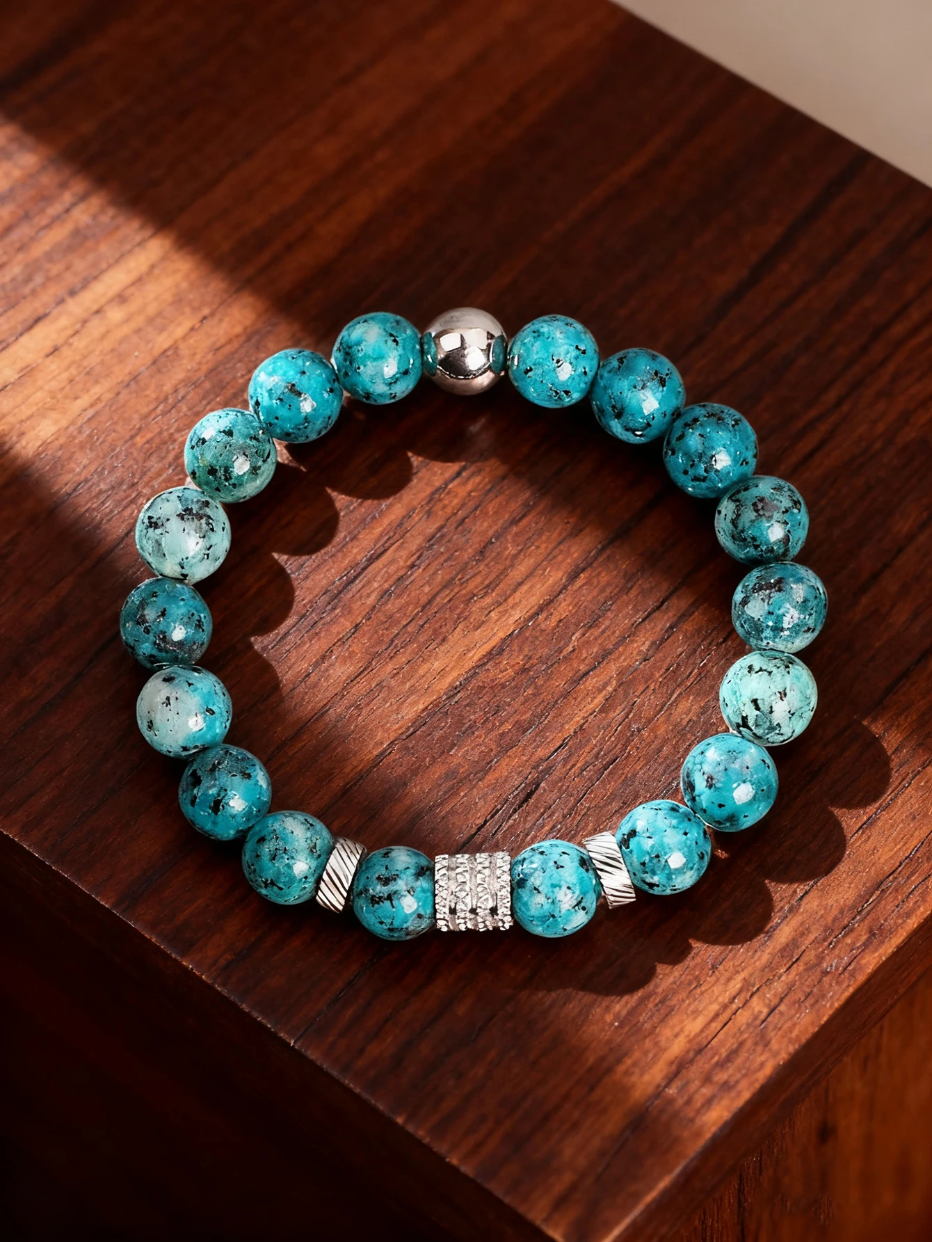 

Natural Stone Bracelet 10mm Lake Blue Spot Stone Beads with Stainless Steel Spacer & Cylinder Beads for Vigour & Balance Jewelry