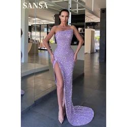 Sansa Lavender Glitter Prom Dresses Mermaid Strapless Vestidos De Noche Elegant Sleeveless Sexy Side High Split Formal Evening