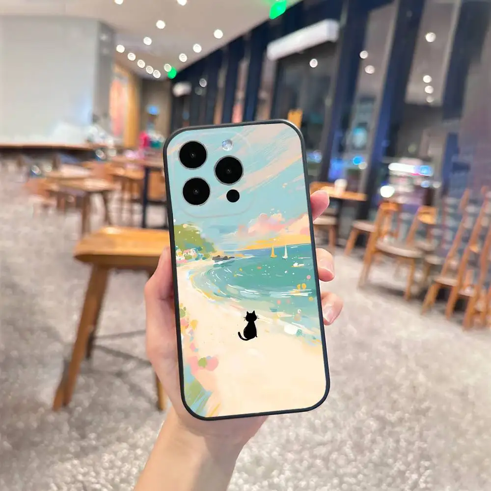 เคสโทรศัพท์ลายแมวสีดำฟรี สำหรับ iPhone 16,15,14,13,12,17,Pro Max,Plus  วัสดุซิลิโคนสีดำ