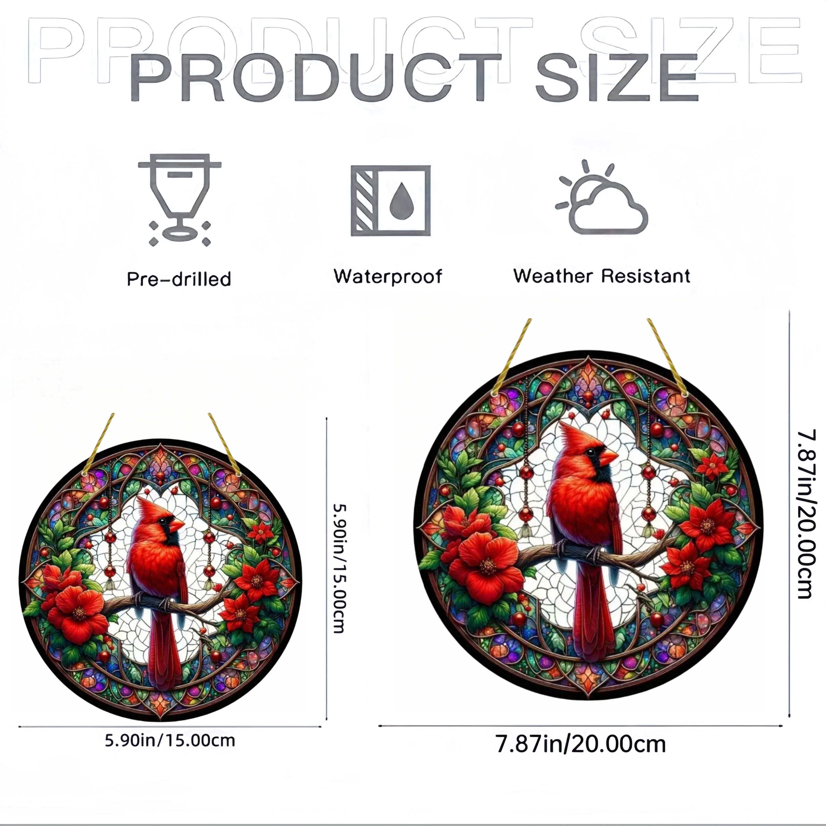 Red Bird Suncatcher,Christmas Bird Translucent Acrylic Round Sign Hanging Ornament,New Year Holiday Gift  Porch Wall Home Decor