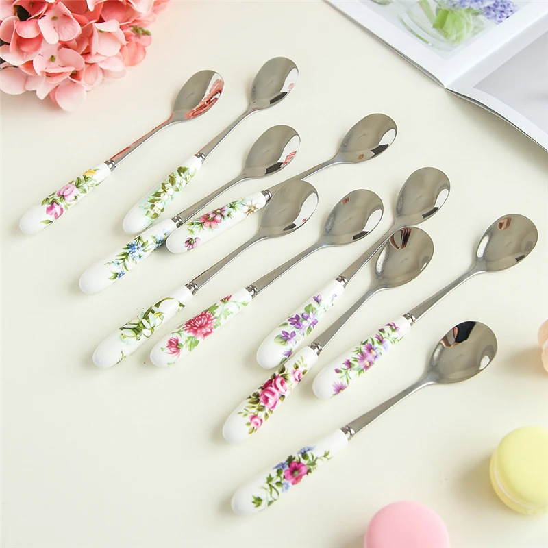 Fruit Fork Coffee Spoon Set 12 Months Flowers Stainless Steel Dessert Fork Spoon Kitchen Black Tea Tableware Diningtable Decor