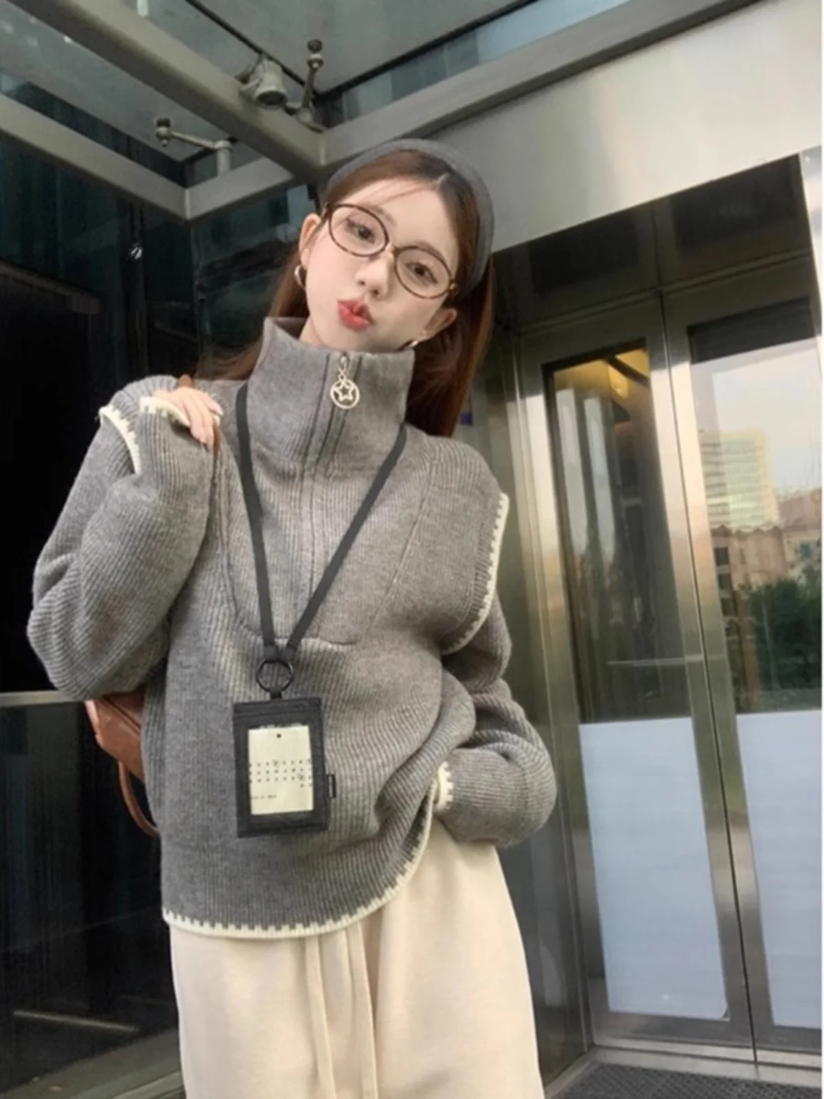 

Gray Splice Women's Knitted Sweater Zipper Half High Collar Loose Lazy Style Design Autumn Winter Small Size Commute Style