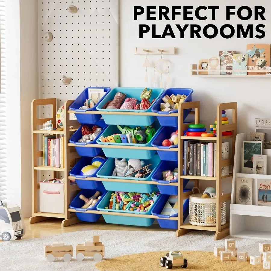 Toy Storage Organizer with 6 Shelves and 12 Bins for Bedroom and Playroom: Functional Bin Shelf with 12 Storage Bins Blue and N