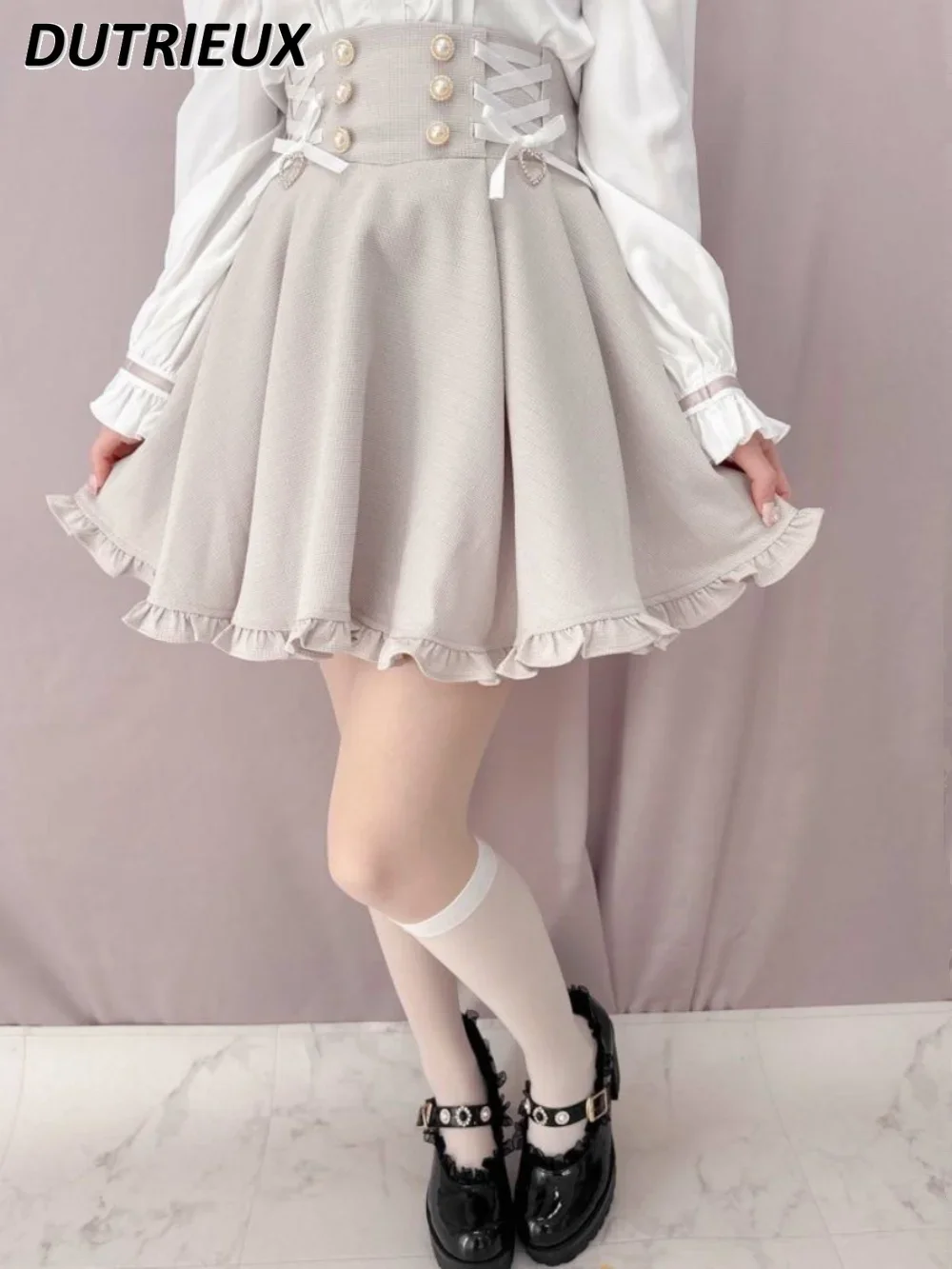 Lolita Japanese Style Sweet Cute Women's Skirts Summer Side Lace-up Ruffle High Waist Casual Skirt for Lady 2024 New Fashion