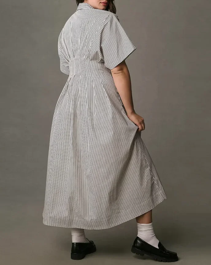 CPSYMYM Womens Dresses Spirng Striped Print Half Sleeve Rucded Front Button Shirt Dress Casual Turn-Down Collar Long Dre